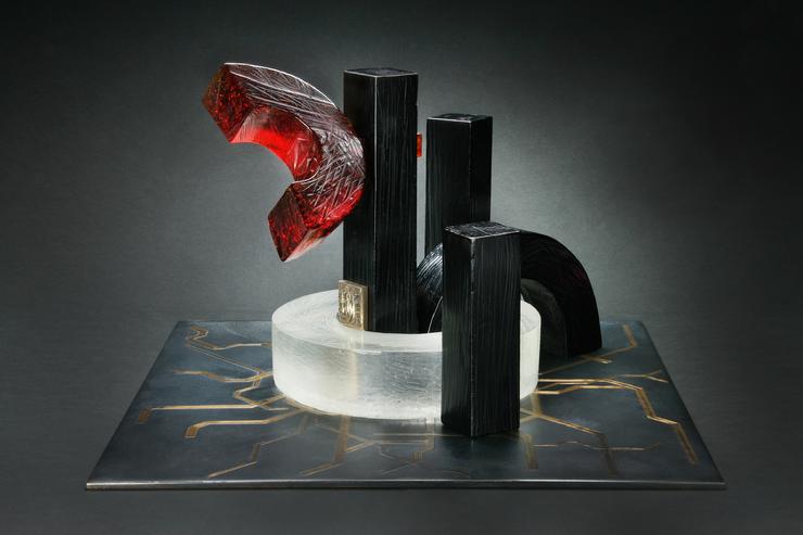 Kevin B. Flynn, Constructivist, Tatlin, Moscow Metro, cast crystal sculpture, cast glass sculpture, 16" x 16" x 10" 2014